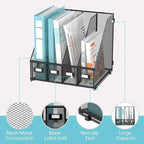 SUPEASY Magazine File Holder, Binder Holder Metal Desk Organizer with 4 Rack Compartments, File Organizer for Office Home School, Black