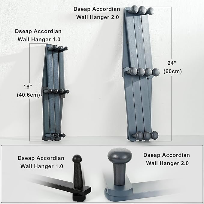 Dseap Expandable Coat Rack (Larger Version) - 24” High, Anti-Slip, Ultra Heavy Duty Wooden Accordian Wall Hanger with 10 Study Peg Hooks for Clothing Hats Jackets Bags, Grey