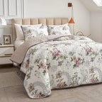 Flysheep 2 Pieces Quilt Set Twin Size, Beige Floral Reversible Bedspread Coverlet Set, Soft Microfiber Lightweight Bed Cover for Kids (68" x 86", 1 Quilt+ 1 Pillow Sham)