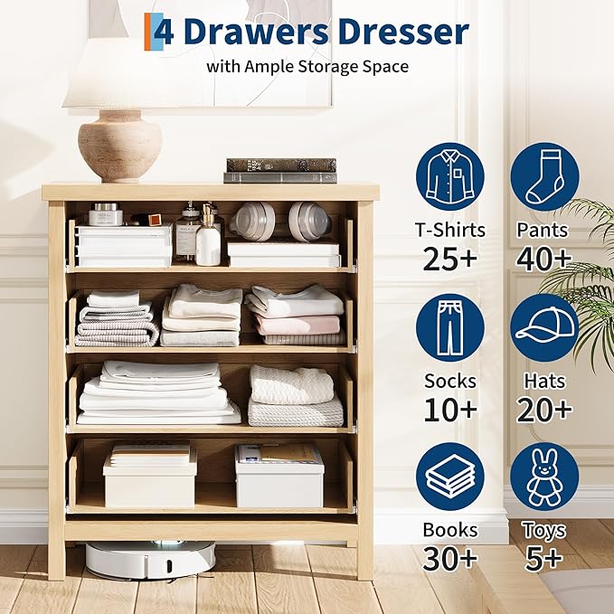 IDEALHOUSE Fluted 4 Drawers Dresser for Bedroom, 35.4" Tall Chest of Dressers for Closet, 4 Fluted Drawers with Metal Handle, Clothes Storage Cabinet for Bedroom, Nursery, Living Room, Natural Oak
