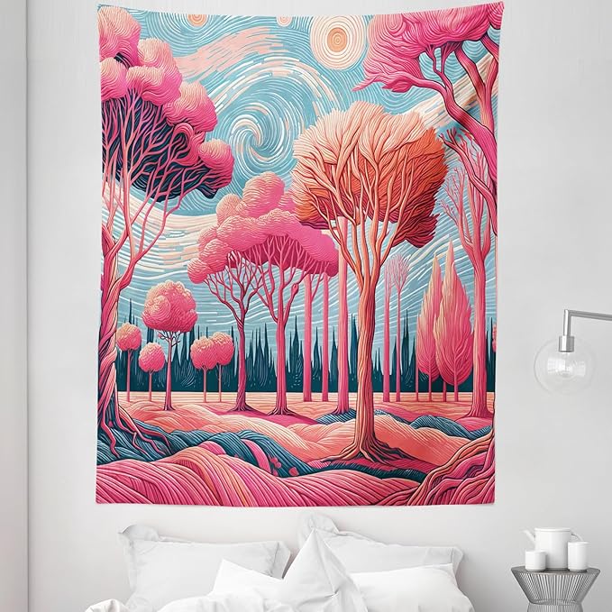 Ambesonne Trees Tapestry Twin Size, Surreal Post-Impressionism Themed Woodland of Dreamy Sky and Tree Pattern, Wall Hanging Bedspread Bed Cover Wall Decor, 68" X 88", Pink Coral Blue Grey