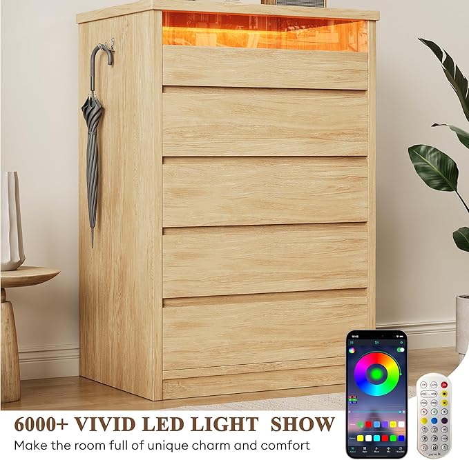 Larger Oak 5 Drawer Dresser for Bedroom with LED Light, Modern Chest of Drawers with Hidden Handles, Tall Wooden Dresser Closet for Living Room, Entryway, Hallway - Oak