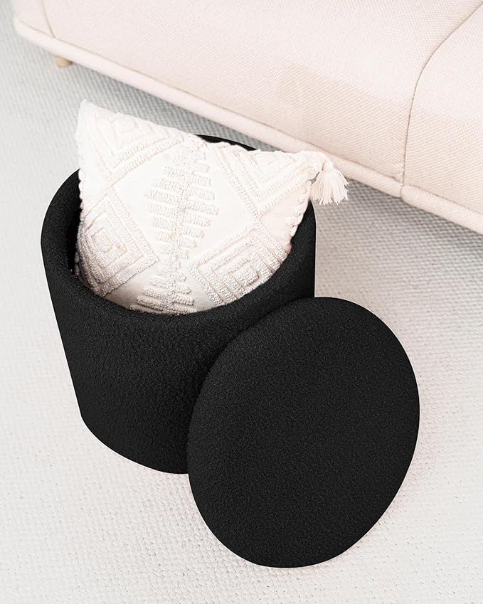 Round Boucle Storage Ottoman with Reversible Wood Tray, 17.7" Sherpa Cylinder Footrest Stool with Storage, Upholstered Folding Ottoman Coffee Table for Living Room Bedroom Dorm, Black