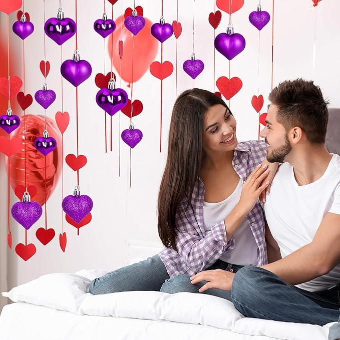 48PCS Purple Heart Shaped Ornaments, 2 Sizes Valentines Heart Hanging Ornaments, Glossy Heart Baubles for Wedding Anniversary Tree Party Decorations