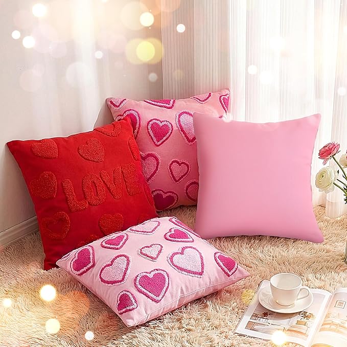 4 Pack Soft Valentines Throw Pillow Covers 18 x 18 Red Heart Square Pillow Covers with Zipper Cute Faux Fur Plush Pillows Cover for Valentines Day Sofa Bedroom Living Room