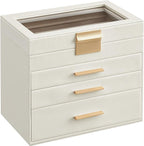 SONGMICS GISELLA Collection - Jewelry Box Organizer, 4-Layer Jewelry Storage with 3 Drawers, Shiny Metal Hardware, Glass Lid, Modern, 6 x 9.9 x 8.5 Inches, Cloud White and Gold Color UJBC161W01