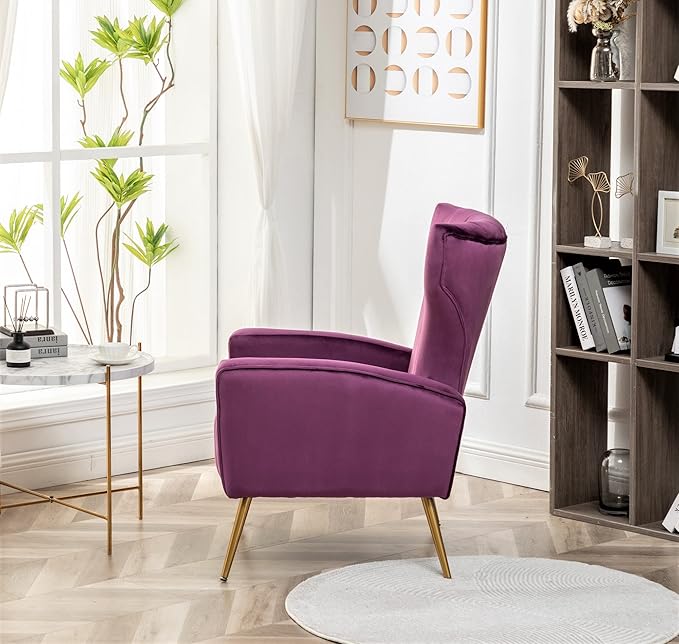 Modern Velvet Accent Chair, Channel Tufted Bedroom, Office or Living Room Furniture with Elegant Metal Legs, 26" Wide Armchair, Purple
