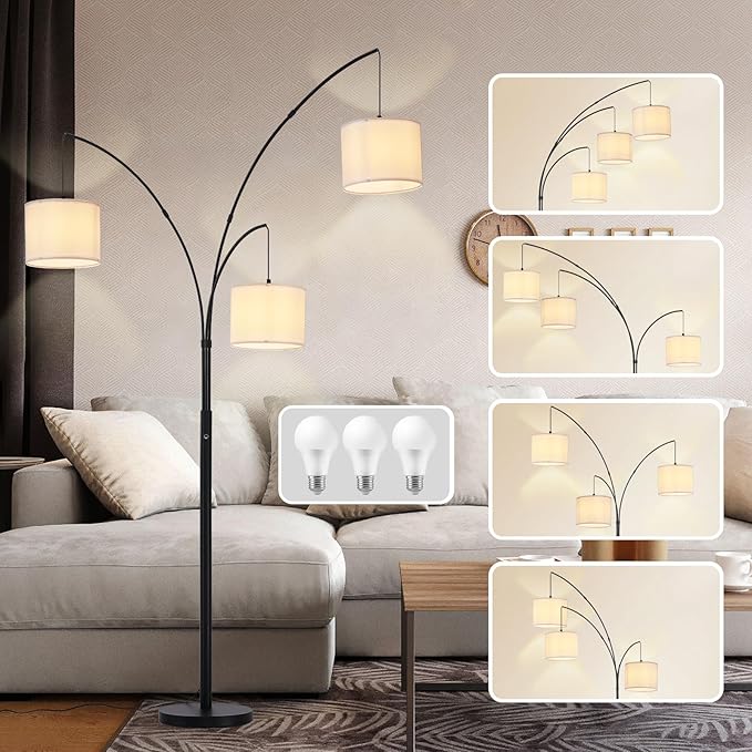 DLLT Modern Floor Lamp for Room: 3-Light Black Tree Dimmable Floor Lamps with White Shades for Living Room - Arc Standing Lamp for Bedroom - Tall Floor Lamp for Office Corner 3 LED Bulbs Included