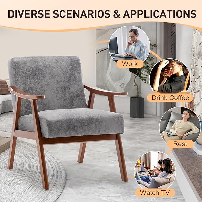 KEIKI Mid-Century Modern Accent Chair with Solid Wood Frame, Stylish Upholstered Armchair for Modern Retro Home Décor