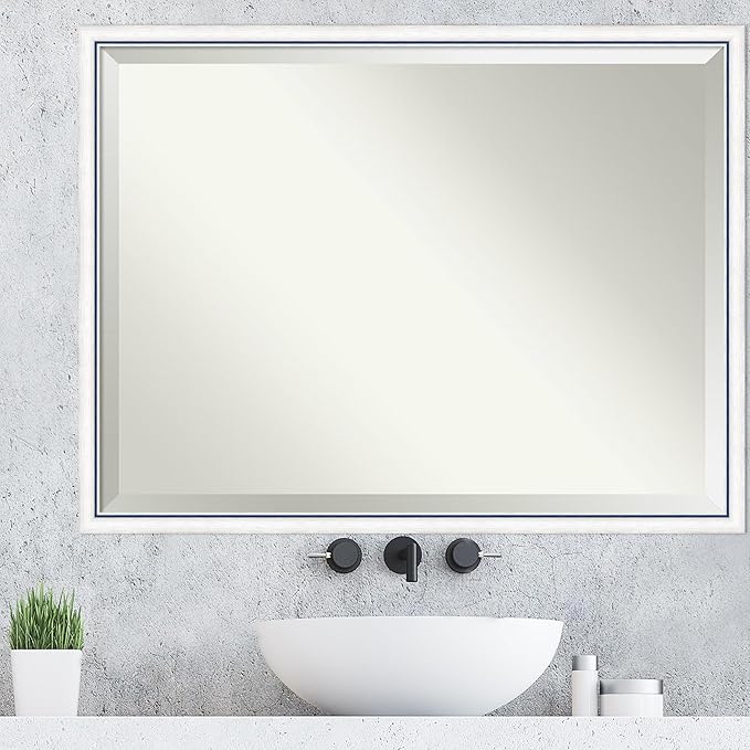 Amanti Art White Wall Mirror 32x42 Morgan White Blue Rectangle Bathroom Mirror for Wall Decor Living Room, X-Large Modern Wood Frame, Hangs Horizonally and Vertically, Bathroom Decor, Beveled Edge