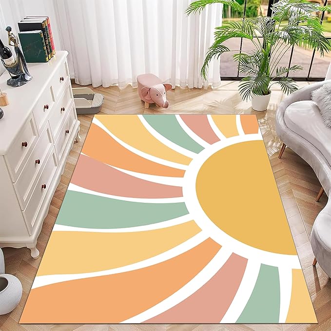 Machine Washable Rainbow Rugs Bedroom Fluffy Plush Soft Area Rugs Rainbow Sunshine Sun Print Living Room Non-Slip Indoor Flooring Kids Girls Boys Home Decor Aesthetics 3x4ft