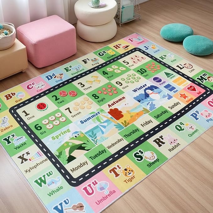Kids ABC Rug for Playroom, Classroom Alphabet Area Carpet Playmat,Washable Toddler Mat for Baby Room,Play Room,Bedroom,Floor,Nursery (Green,5'x7')