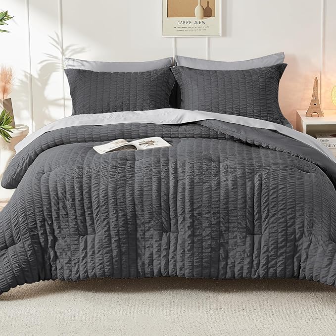 HYMOKEGE Dark Grey/Light Grey King Size Comforter Set Seersucker 7 Pieces, All Season Luxury Bed in a Bag for Bedroom, Bedding Set with Comforter, Sheets, Pillowcases & Shams