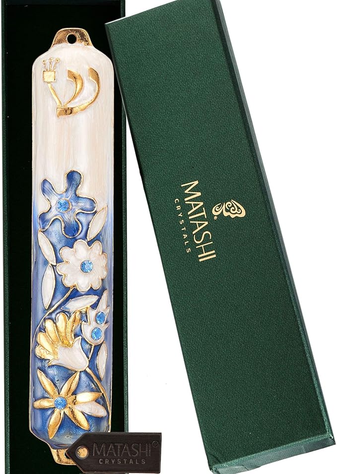 Matashi Hand Painted Blue and Ivory Enamel Flower Mezuzah Embellished with Gold Accents and Crystals Home Door Wall Decor Housewarming Present Gift for Festival(5.5 inch)