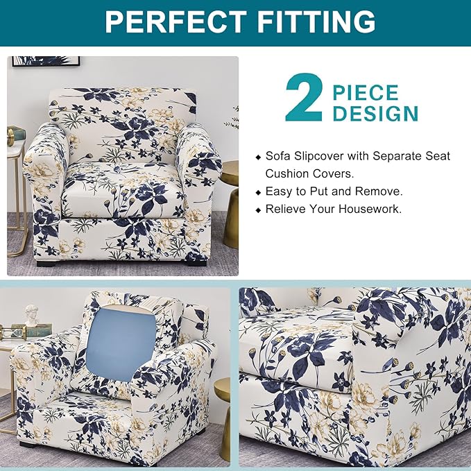 KRFOONN 2 Piece Chair Covers Printed Sofa Covers Couch Covers Washable Armchair Sofa Couch Slipcover Furniture Protector with Elastic Bottom for Living Room (Armchair, 27), Small