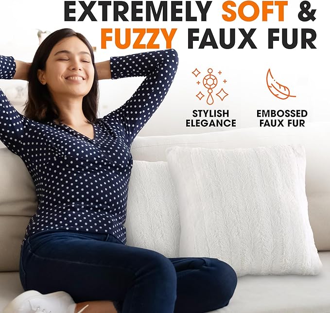 Cheer Collection Faux Fur Throw Pillows - Decorative Pillows for Couch, Bed Throw Pillows, White Accent Pillows for Bedroom or Living Room Aesthetic, Set of 2 Furry Throw Pillows, 26" x 26"