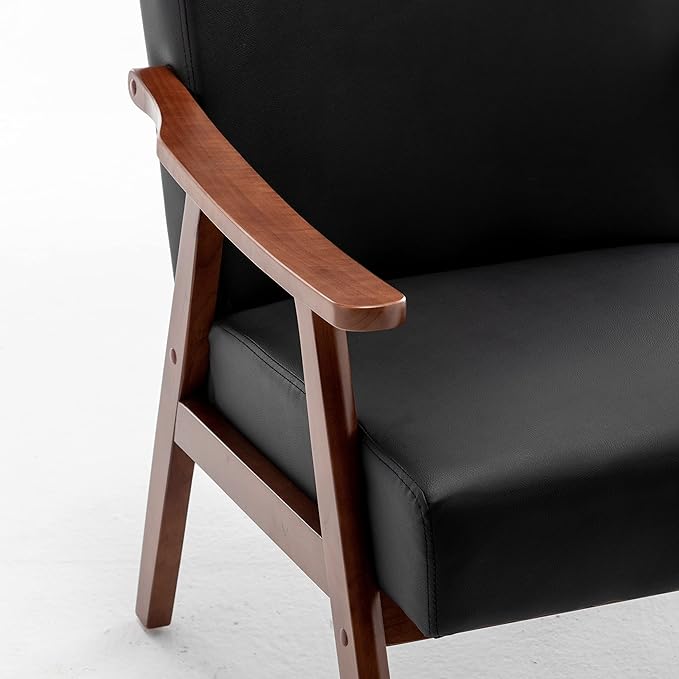 Accent Chair with Microfiber Upholstery and Solid Wood Frame, Classic Mid-Century Modern Living Room Furniture for Extra Seating, Black PU/PVC