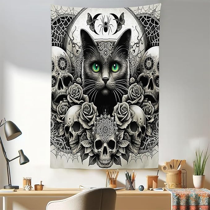 Ambesonne Gothic Tapestry King Size, Classic Spooky Rose Ornated Skulls and Black Cat with Spider Print, Wall Hanging Bedspread Bed Cover Wall Decor, 30" X 45", Dark Grey Green and Eggshell