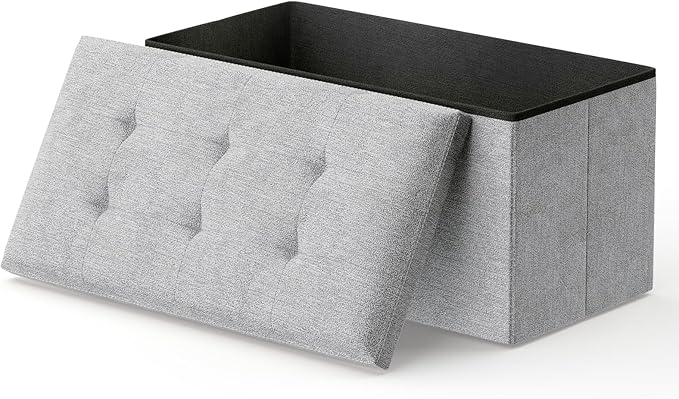 MoNiBloom 30 Inch Storage Ottoman Bench, Rectangle End of Bed Bench, Storage Padded Seat, Linen Fabric Ottoman Footrest for Living Room, Bedroom, Entryway, Light Gray