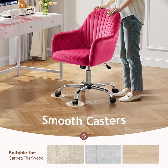 Warmiehomy Velvet Desk Chair for Home Office, Modern Adjustable Swivel Task Chair, Women Vanity Chairs with Arm Rest for Bedroom Dressing Room, Barbie Pink