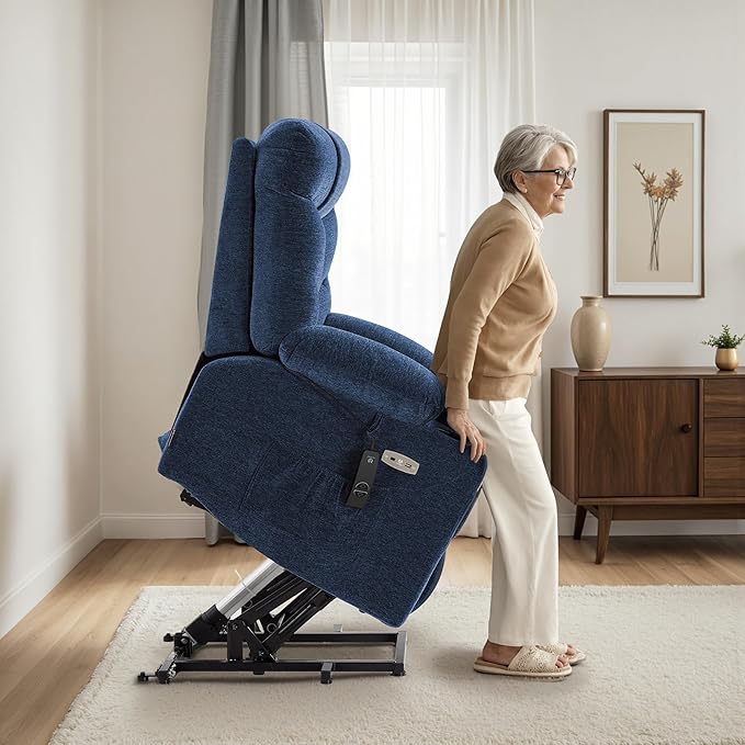 MCombo Power Lift Recliner Chair for Elderly, Electric Lift Chair with Extended Footrest, USB Ports, Cup Holders, Fabric 7281 (Navy Blue, Small)