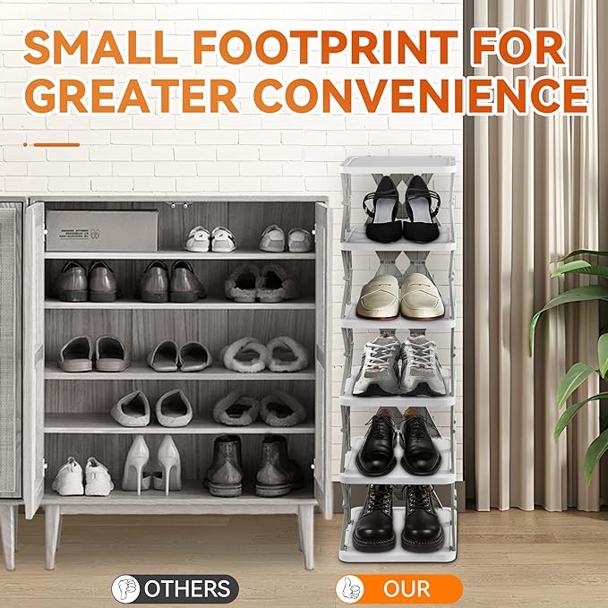 6 Tier Collapsible Kids Shoe Rack, Small Vertical Foldable Shoe Organizer for Front Door Entrance, Dorm, Bedroom, and Small Spaces (Grey-w)