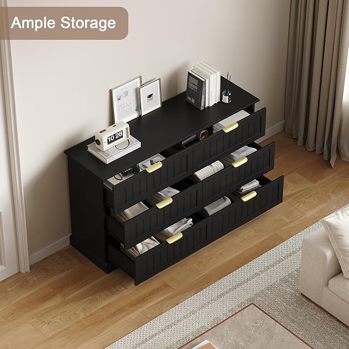 6 Wooden Drawer Dresser for Bedroom Storage, Modern Farmhouse Wood Chest of Drawers with Metal Handles, Wide Storage Cabinet for Closet, Living Room, or Entryway Black