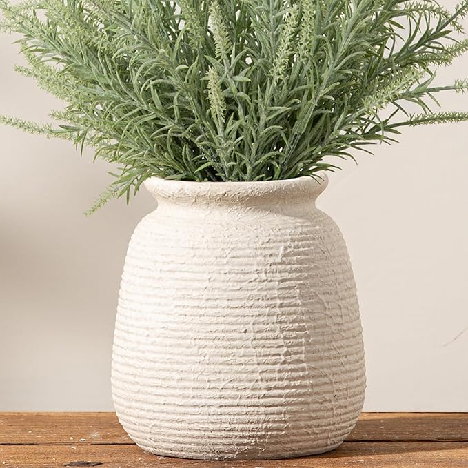 Ceramic Flower Vase, 7.48 Inch White Rustic Farmhouse Decorative Vase Pottery Wide-Mouth Vases for Home Decor Table Living Room Entryway Mantel Bookshelf Bedroom Bathroom Kitchen