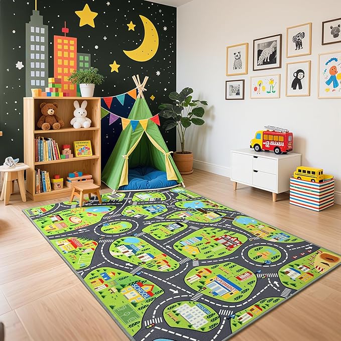 City Life Car Play Rugs, Educational and Fun Urban Road Play Mat for Kids, 72"x48" Non-Slip Playmat with Streets, Traffics & Buildings for Imaginative Play, Nursery and Playroom