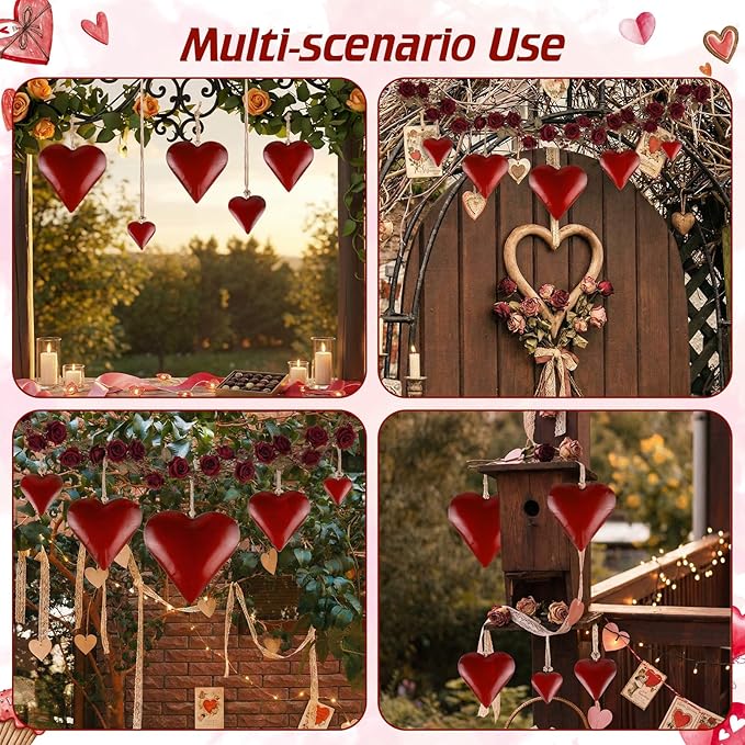 Frienda 8 Pcs Valentine's Day Metal Heart Indoor Outdoor Decorative Cow Bell Rustic Tibetan Inspired Meditation Wind Chime Bell with Jute Hanging Rope for DIY Craft Xmas Wall Decor (Red)