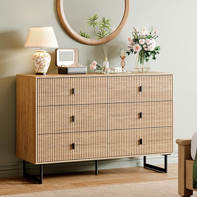 6 Drawer Dresser,47" Wide Mid Century Chest of Drawers,Wooden Bedroom Drawer Dresser with 6 Storage Drawers for Bedroom,Living Room,with Anti-Tipping Device,Warm Wood
