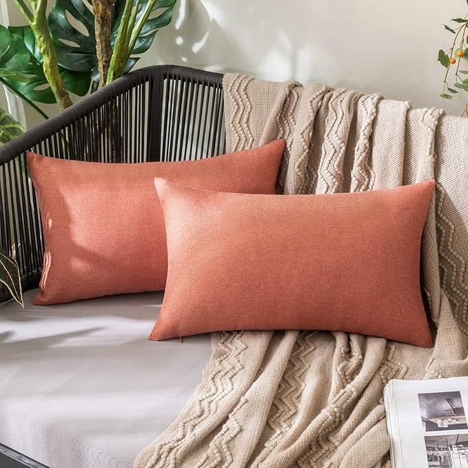 MIULEE Pack of 2 Decorative Outdoor Solid Waterproof Throw Pillow Covers Spring Faux Linen Garden Farmhouse Cushion Cases for Summer Patio Tent Balcony Couch Sofa 20x12 Inch Coral Red