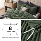 Bedsure Fluffy Duvet Cover Set - Ultra Soft Plush Shaggy Comforter Cover Queen Size, Warm Flannel Fleece Bed Sets for Winter, 3 Pieces (Striped Pattern, Green)