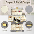 Dajasan Jewelry Organizer Box, Large Velvet Jewelry Boxes for Women Girls, Compact 3 Layers Jewelry Storage Case with Drawer, Movable Metal Stand, Modern, Gift Idea (Grey)