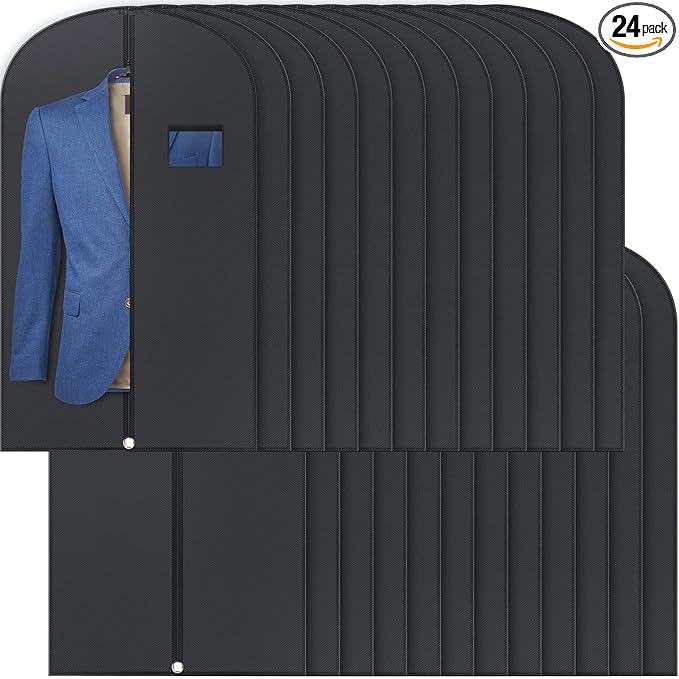 24 Pack Black Garment Bag Bulk for Closet Storage 40 Inch Hanging Suit Bags Cover Clothes Cover for Hanging with Zipper and Clear Window for Travel Men Coat Jacket Dance Dress