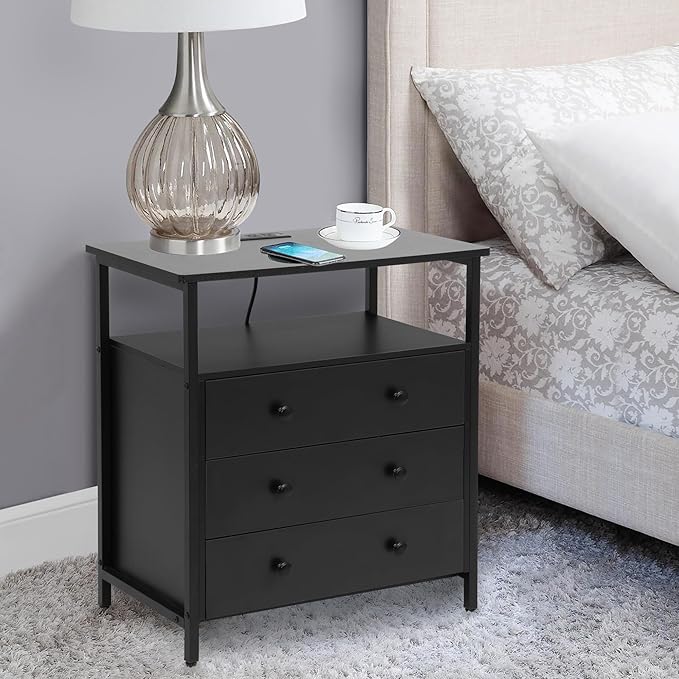 3 Wooden Drawers Night Stand, 27 Inch Wide Nightstand with Charging Station and Adjustable Drawers, Small Dresser for Closet, Bedside Table for Living Room/Bedroom/Office