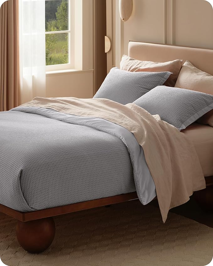 Bedsure Cotton Duvet Cover Queen - 100% Cotton Waffle Weave Grey Duvet Cover Queen Size, GentleSoft™ and Breathable Bedding Set for All Season, 3 Pieces, 90"x90"
