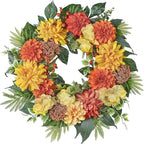 24-Inch Spring Wreath for Front Door with Hydrangeas Dahlias Daisy Silk Flowers and Berry Greenery for All Seasons Indoor Outdoor Wedding Farmhouse Porch Wall Living Room Home Wedding Decor