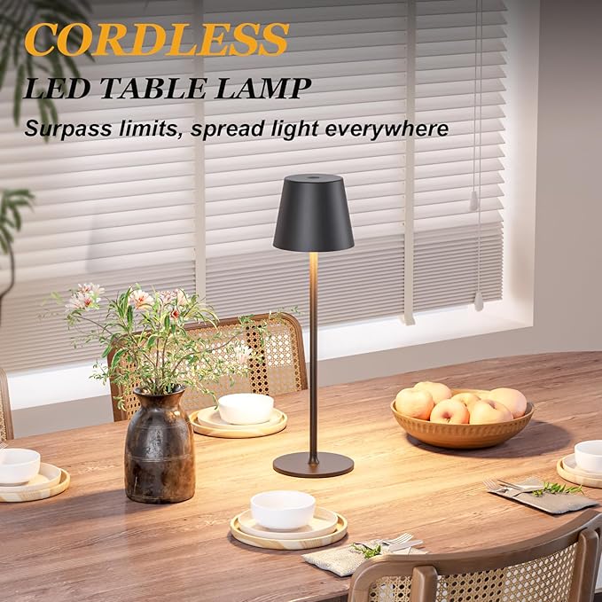 Kakanuo Black Cordless Table Lamp Rechargeable - KK 1 Pack 5000mAH Battery Operated Lamp for Counter, 3 Color Stepless Dimming Wireless Lamps for Dining Kitchen, Outdoor Patio, Touch Control