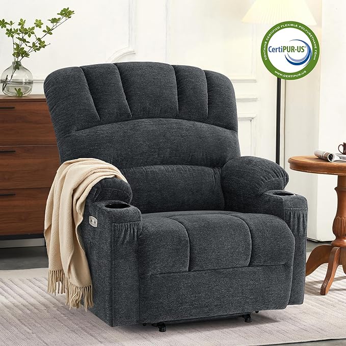 MCombo Oversized Power Lift Recliner Chair for Elderly, Lift Chair with Heat and Massage, Lift Recliner for Big and Tall, Cup Holders, USB & Type C Ports, Fabric R7092 (Dark Grey, Oversize)
