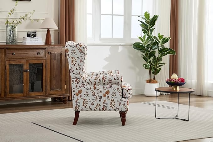 KEIKI Floral Accent Chair for Living Room - Sophisticated Vintage Charm with Classic Wood Legs, Elegant Upholstered Armchair