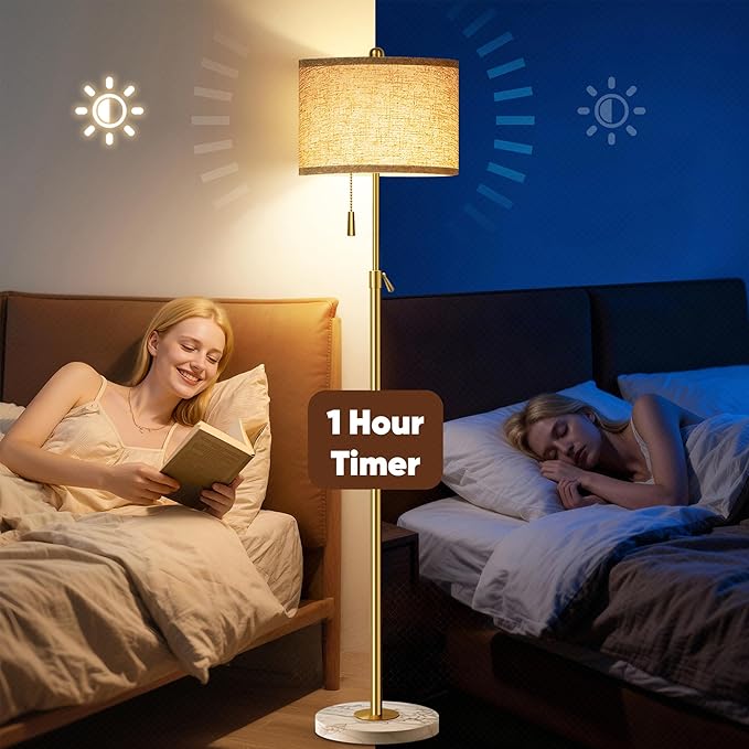 Modern Gold Floor Lamp for Living Room, Floor Lamp with Remote Control, Adjustable Height Standing Lamp with Marble Base & Linen Shade, Dimmable Tall Floor Light for Bedroom, Reading