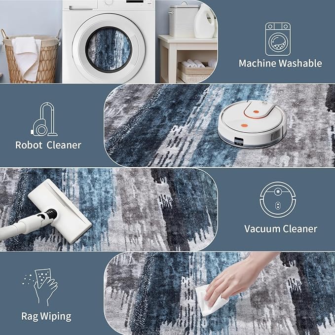 Ciicool 2x7 Washable Runner Rug, Modern Abstract Hallway Rugs Runner, Non-Slip Thin Accent Rug Lightweight Navy Grey Print Distressed Carpet for Kitchen Laundry Entryway Bedroom Indoor