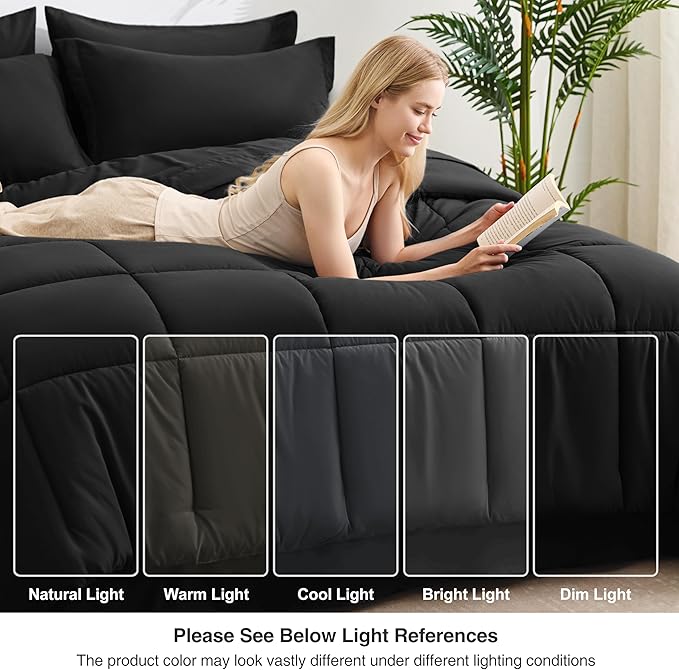 Love's cabin Queen Comforter Set Ash Black, 7 Pieces Queen Bed in a Bag, All Season Bedding Sets with 1 Comforter, 1 Flat Sheet, 1 Fitted Sheet, 2 Pillowcase and 2 Pillow Sham