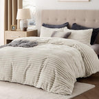 Bedsure Fluffy Duvet Cover Set - Ultra Soft Plush Shaggy Comforter Cover King Size, Warm Flannel Fleece Bed Sets for Winter, 3 Pieces (Striped Pattern, Linen)