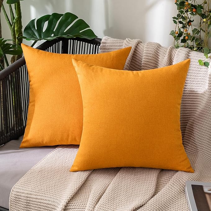 MIULEE Pack of 2 Decorative Outdoor Solid Waterproof Throw Pillow Covers Faux Linen Garden Farmhouse Cushion Cases for Summer Patio Tent Balcony Couch Sofa 18x18 Inch Pumpkin Orange