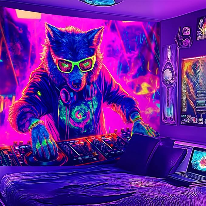 NYZE Wolf Tapestry for Bedroom, Music Wall Tapestry, Party Decor Glow in the Dark Room Decor Tapestries, Cool Galaxy Planet Wall Hanging, Wall Hanging for Room Dorm 79in×59in