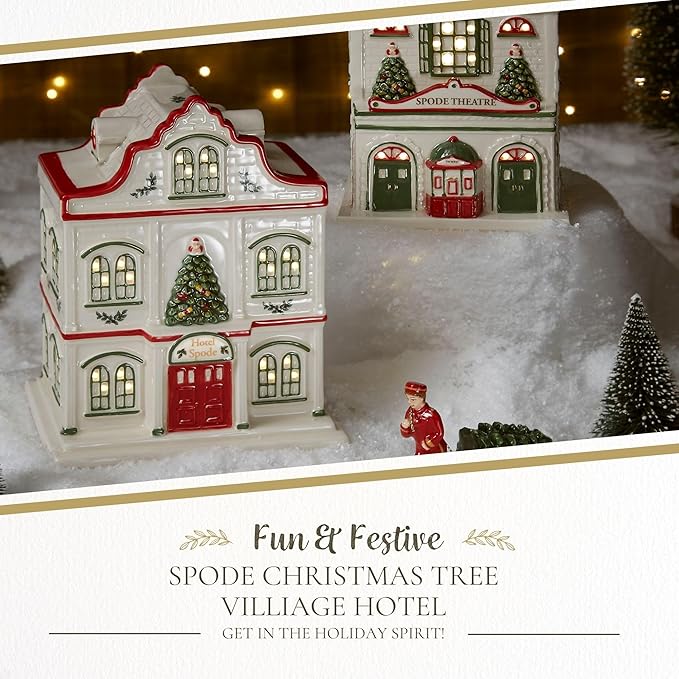 Spode Christmas Tree Miniature Village Figural Decoration, LED Lighted Holiday Village Set, Ceramic Holiday Decor - Timeless Dolomite Collectible for Indoor Display (Hotel)