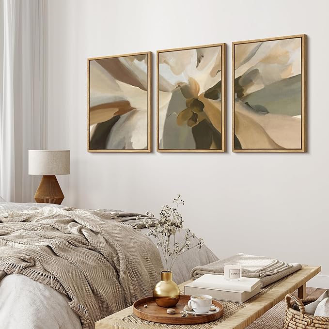 MUDECOR Framed Wall Art Print Set Minimalist Earthy Abstract Floral Illustrations Modern Art Boho Decorative Colorful Chic for Living Room, Bedroom, Office - 24"x36"x3 Natural