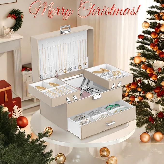 Dajasan Jewelry Box Organizer, Jewelry Boxes for Women Girls, 3 Layers Jewelry Gift Box for Christmas, Valentine's Day, Birthday, Mother's Day (Champagne)